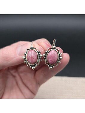 Vintage Sterling Silver Rhodonite Oval Dangle Drop Earrings A9001